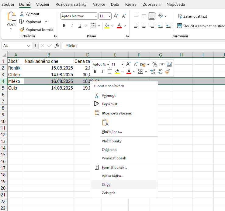 Nabídka skrytí řádku po kliknutí pravým tlačítkem myši - Základy Microsoft Excel