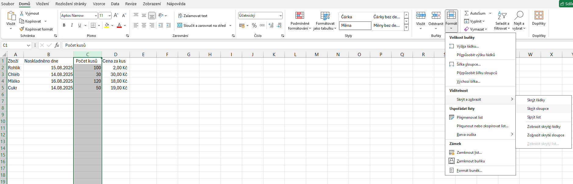 Nabídka skrytí sloupce - Základy Microsoft Excel