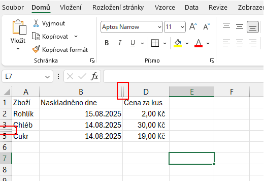 Zvýraznění skrytých řádků a sloupců v Excelu - Základy Microsoft Excel