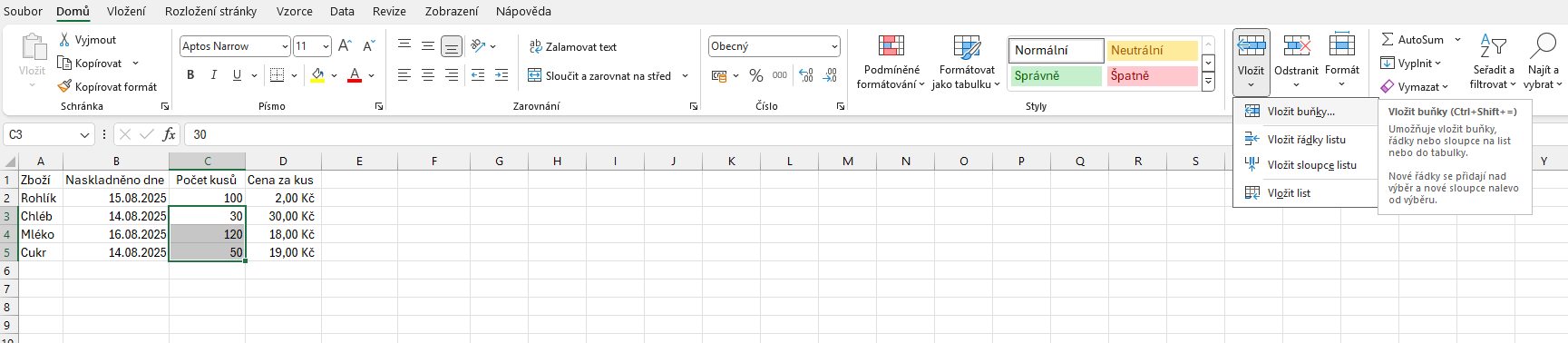 Nabídka Vložit buňky… - Základy Microsoft Excel