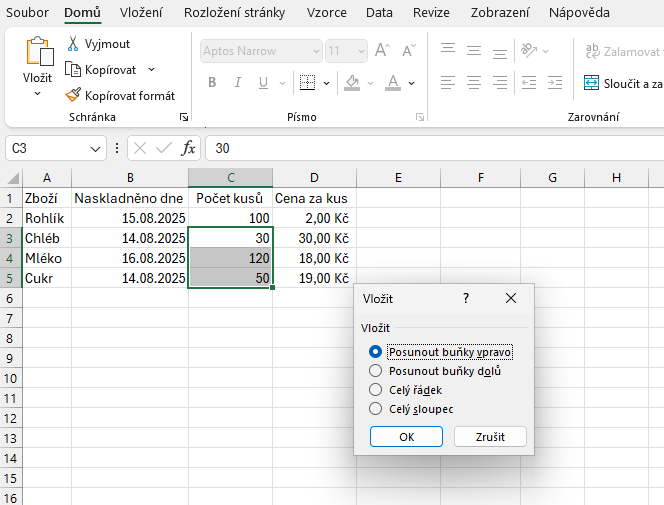 Volba posunutí buněk před vložením nových - Základy Microsoft Excel