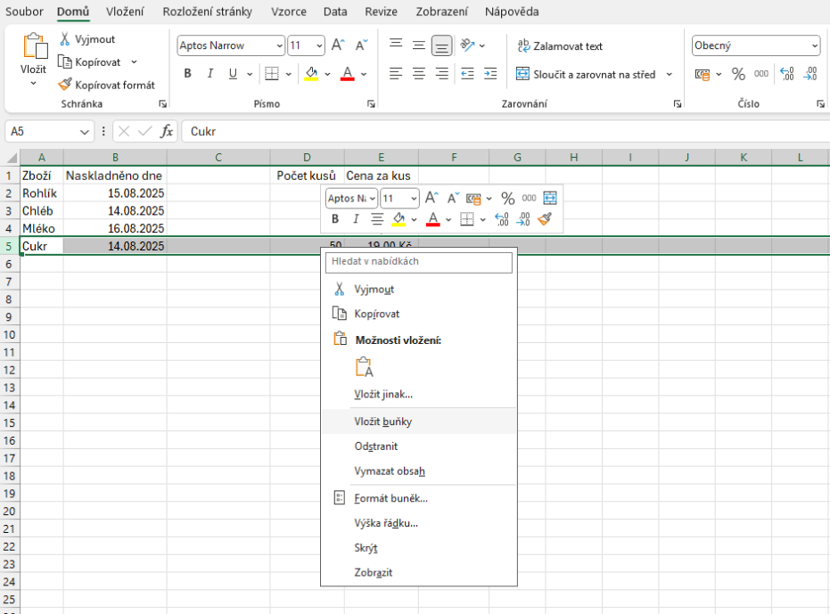 Ukázka vložení řádku pomocí pravého tlačítka myši - Základy Microsoft Excel
