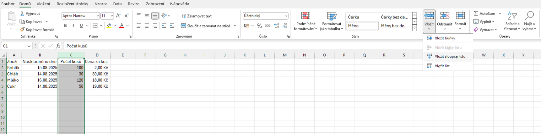 Nabídka možnosti vložení sloupce - Základy Microsoft Excel