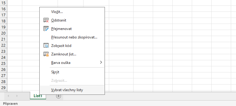 Zobrazení nabídky Vybrat všechny listy - Základy Microsoft Excel