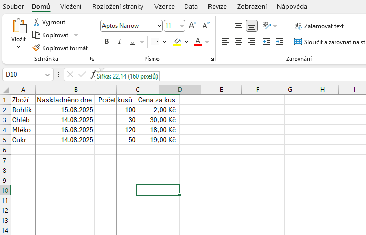 Úprava šířky sloupce pomocí tažení myší - Základy Microsoft Excel