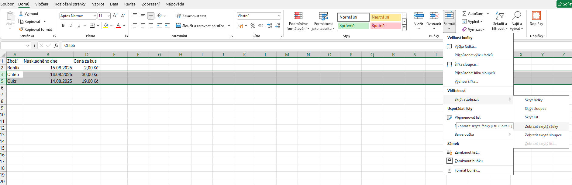 Nabídka zobrazení řádku - Základy Microsoft Excel