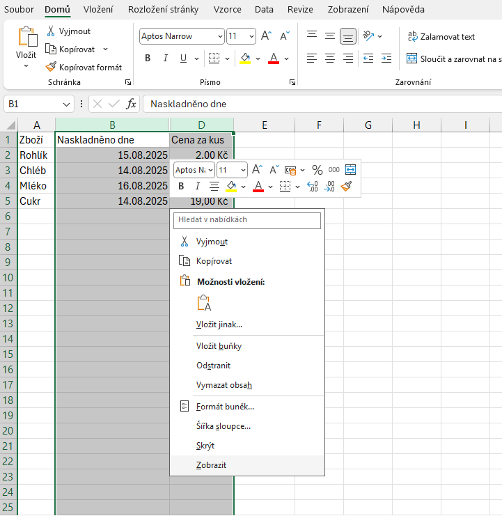 Nabídka zobrazení sloupce po kliknutí pravým tlačítkem myši - Základy Microsoft Excel