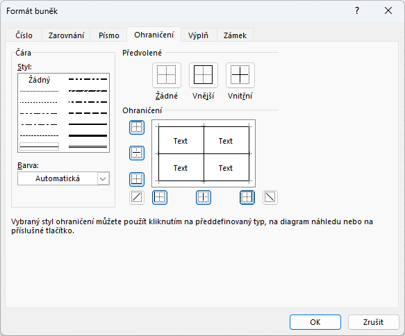 Možnost upřesnit vzhled ohraničení v okně Formát buněk - Základy Microsoft Excel