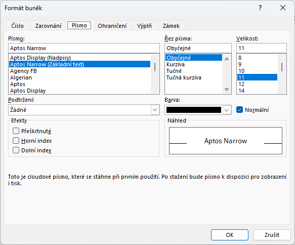 Záložka Písmo v okně Formát buněk - Základy Microsoft Excel