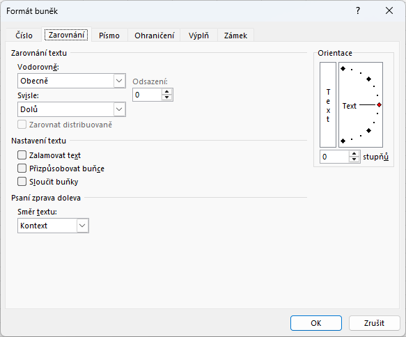Záložka Zarovnání v okně Formát buněk - Základy Microsoft Excel