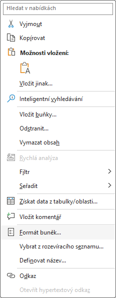 Nabídka Formát buněk po kliknutí pravým tlačítkem myši - Základy Microsoft Excel