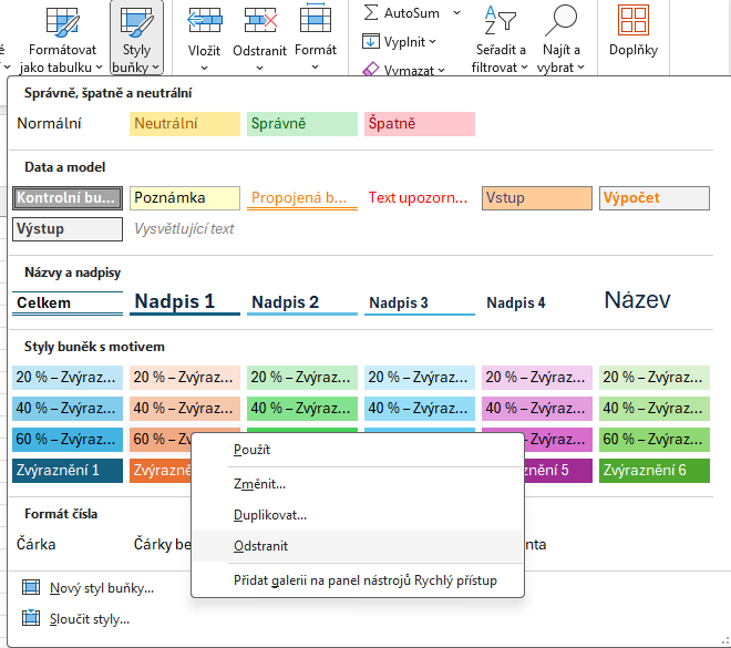 Možnost odstranění vybraného stylu - Základy Microsoft Excel