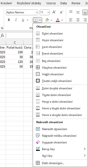 Nabídka předvolených typů ohraničení buněk - Základy Microsoft Excel