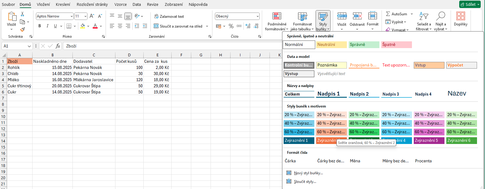 Výběr oranžového stylu buněk - Základy Microsoft Excel