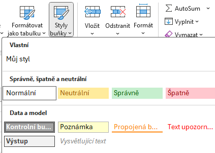 Ukázka nově uloženého stylu v okně Styly buňky - Základy Microsoft Excel