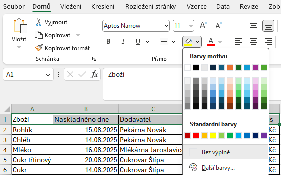 Nabídka barev pro výplň buněk - Základy Microsoft Excel