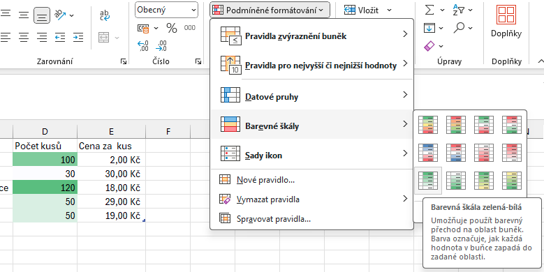 Ukázka použití barevných škál v buňkách - Základy Microsoft Excel