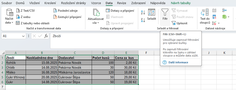 Tlačítko pro vypnutí/zapnutí filtru tabulky - Základy Microsoft Excel