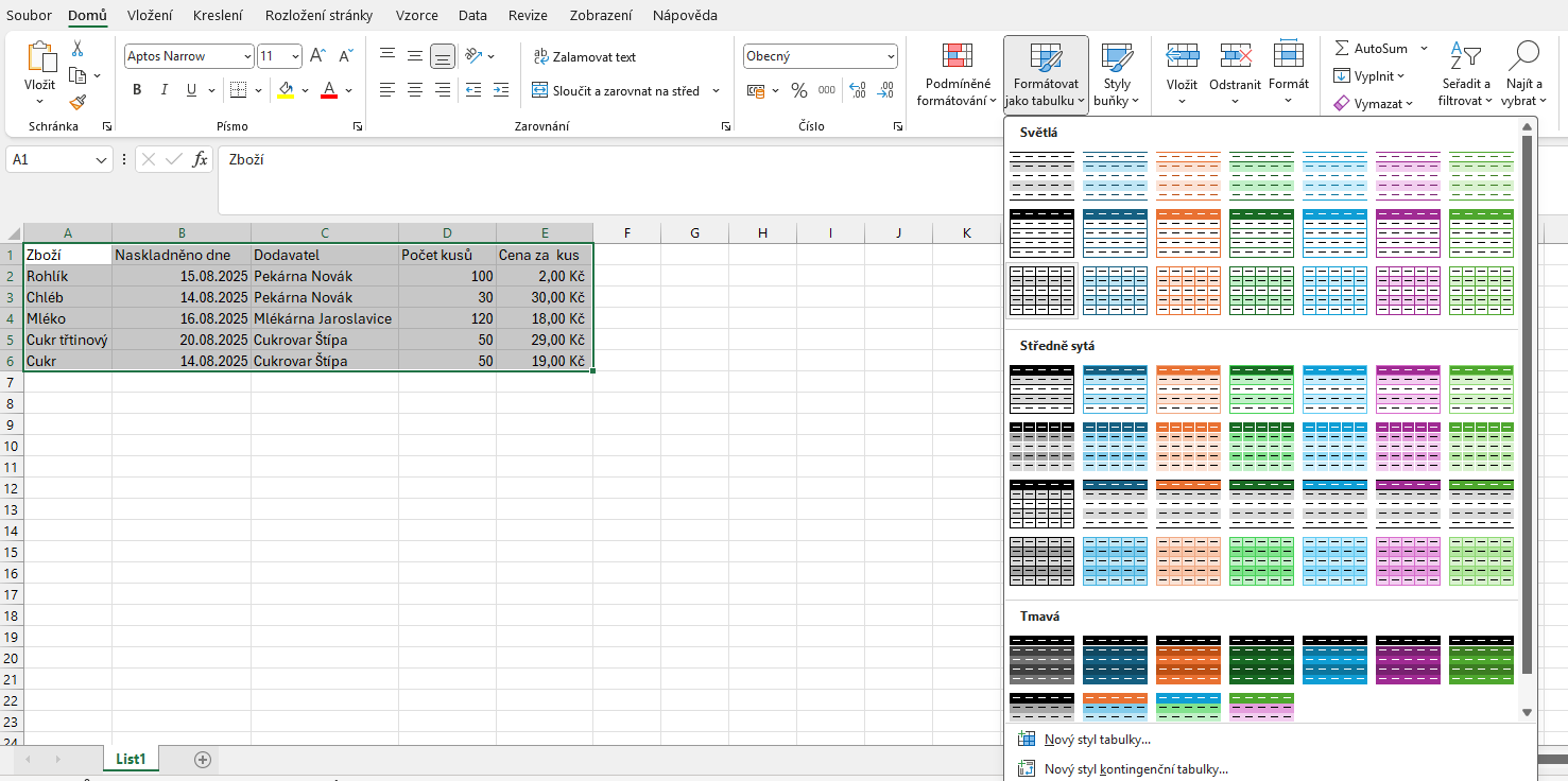 Nabídka Formátovat jako tabulku - Základy Microsoft Excel