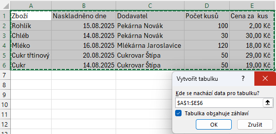 Výběr oblasti dat pro vytvoření tabulky - Základy Microsoft Excel