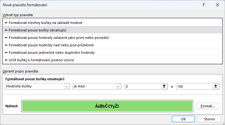 Dialogové okno pro tvorbu nového pravidla formátování - Základy Microsoft Excel