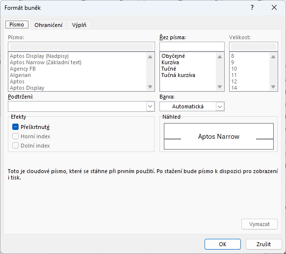 Okno Formát buněk k určení nového stylu tabulky - Základy Microsoft Excel