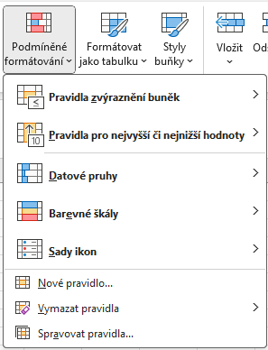 Nabídka připravených možností podmíněného formátování - Základy Microsoft Excel