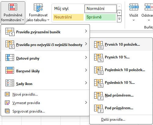 Nabídka pravidel pro nejvyšší a nejnižší hodnoty - Základy Microsoft Excel