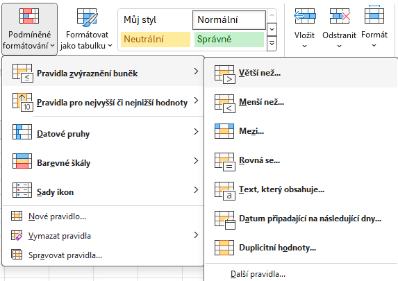Nabídka pravidel zvýraznění buněk - Základy Microsoft Excel