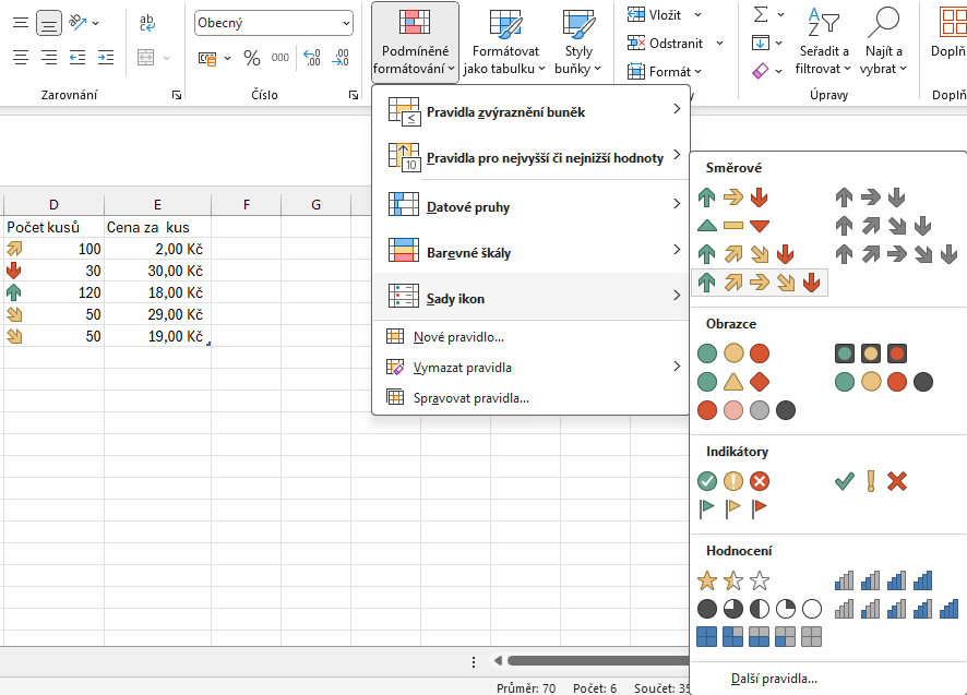 Ukázka použití sad ikon v podmíněném formátování - Základy Microsoft Excel