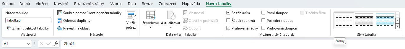 Možnost zachování tabulky bez stylování - Základy Microsoft Excel