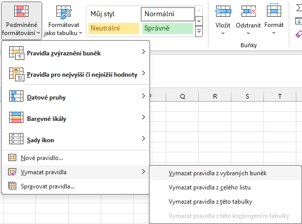 Nabídka vymazání pravidel podmíněného formátování - Základy Microsoft Excel