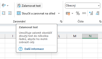 Možnost Zalamovat text na kartě Domů - Základy Microsoft Excel