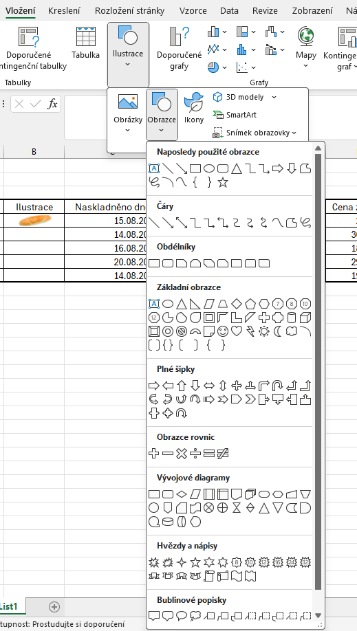Nabídka obrazců k vložení - Základy Microsoft Excel