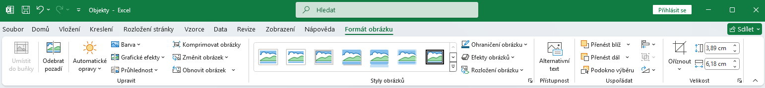 Ukázka celé karty Formát obrázku - Základy Microsoft Excel