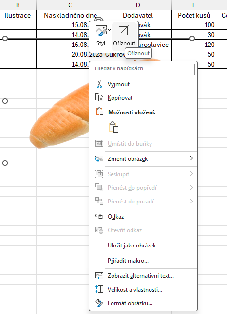 Nabídka oříznutí po kliknutí na obrázek - Základy Microsoft Excel