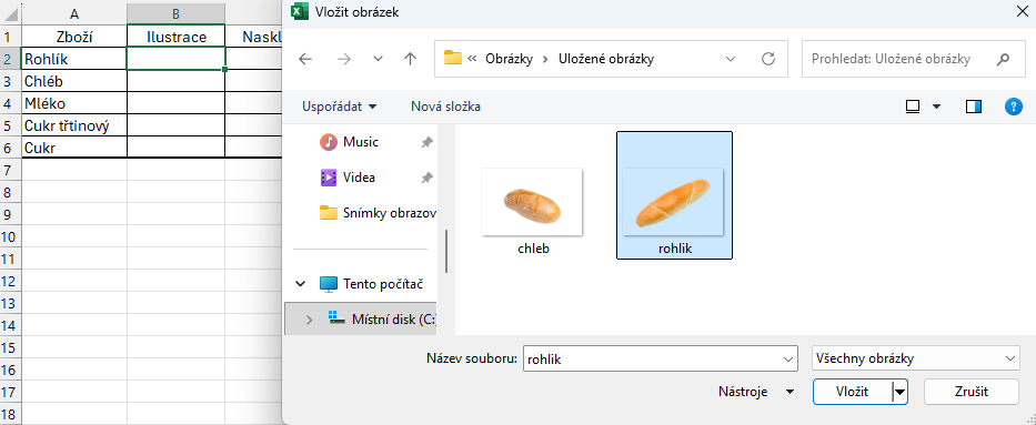 Výběr obrázku ve správci souborů - Základy Microsoft Excel