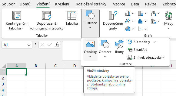 Nabídka vložení obrázku v sekci Ilustrace - Základy Microsoft Excel