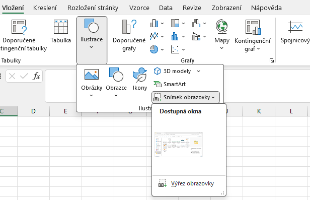 Výběr obrazovky, jejíž snímek se vloží do listu - Základy Microsoft Excel