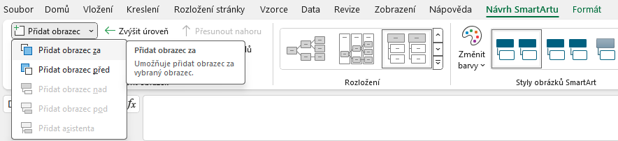 Nabídka přidání položky SmartArtu - Základy Microsoft Excel