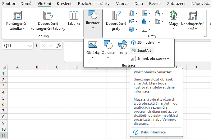 Vložení SmartArt diagramu z karty Domů - Základy Microsoft Excel