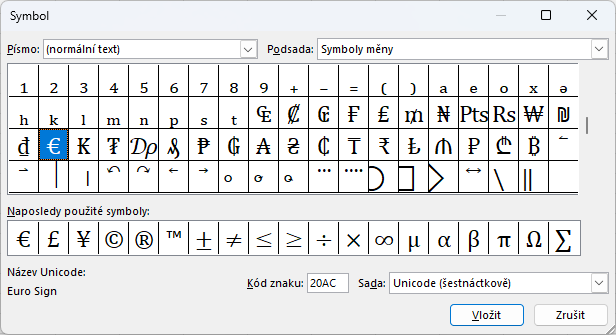 Ukázka vložení symbolu do listu - Základy Microsoft Excel