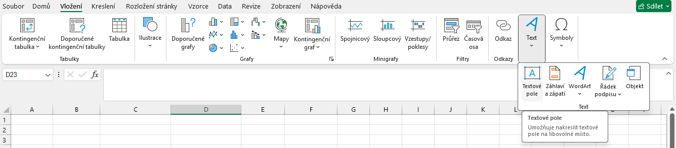 Nabídka vložení textového pole - Základy Microsoft Excel