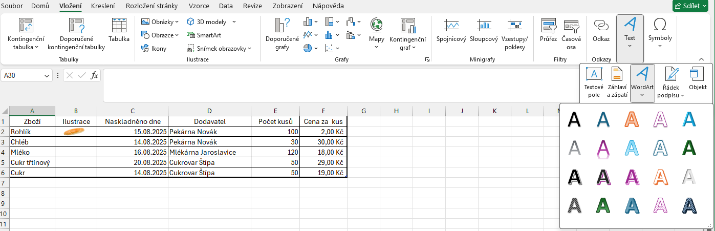 Nabídka vložení WordArtu - Základy Microsoft Excel