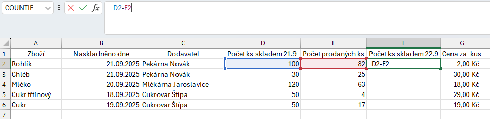 Vzorec pro výpočet aktuálních zásob - Základy Microsoft Excel