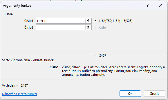 Dialogové okno Argumenty funkce - Základy Microsoft Excel