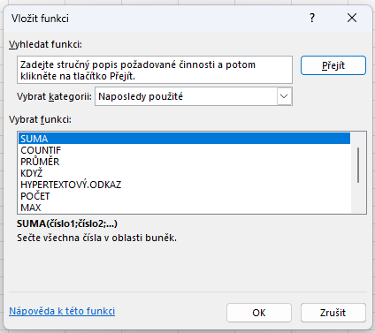 Dialogové okno Vložit funkci - Základy Microsoft Excel