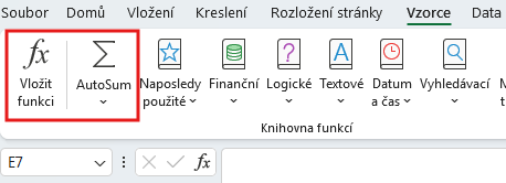 Nabídka Vložit funkci na kartě Vzorce - Základy Microsoft Excel