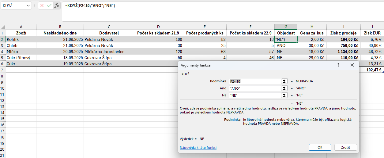 Funkce KDYŽ s vyplněnými argumenty - Základy Microsoft Excel