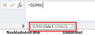Zobrazení požadovaných argumentů funkce SUMA - Základy Microsoft Excel
